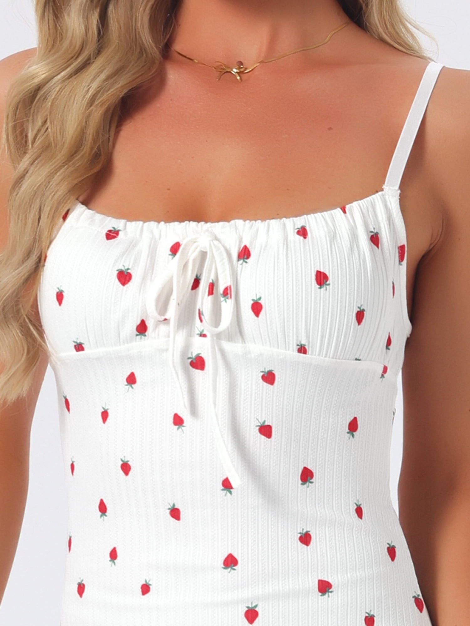 DARING DIVA Women's Ribbed Cute Print Bow Ruffle Hem Sleeveless Nightgowns XL Strawberry