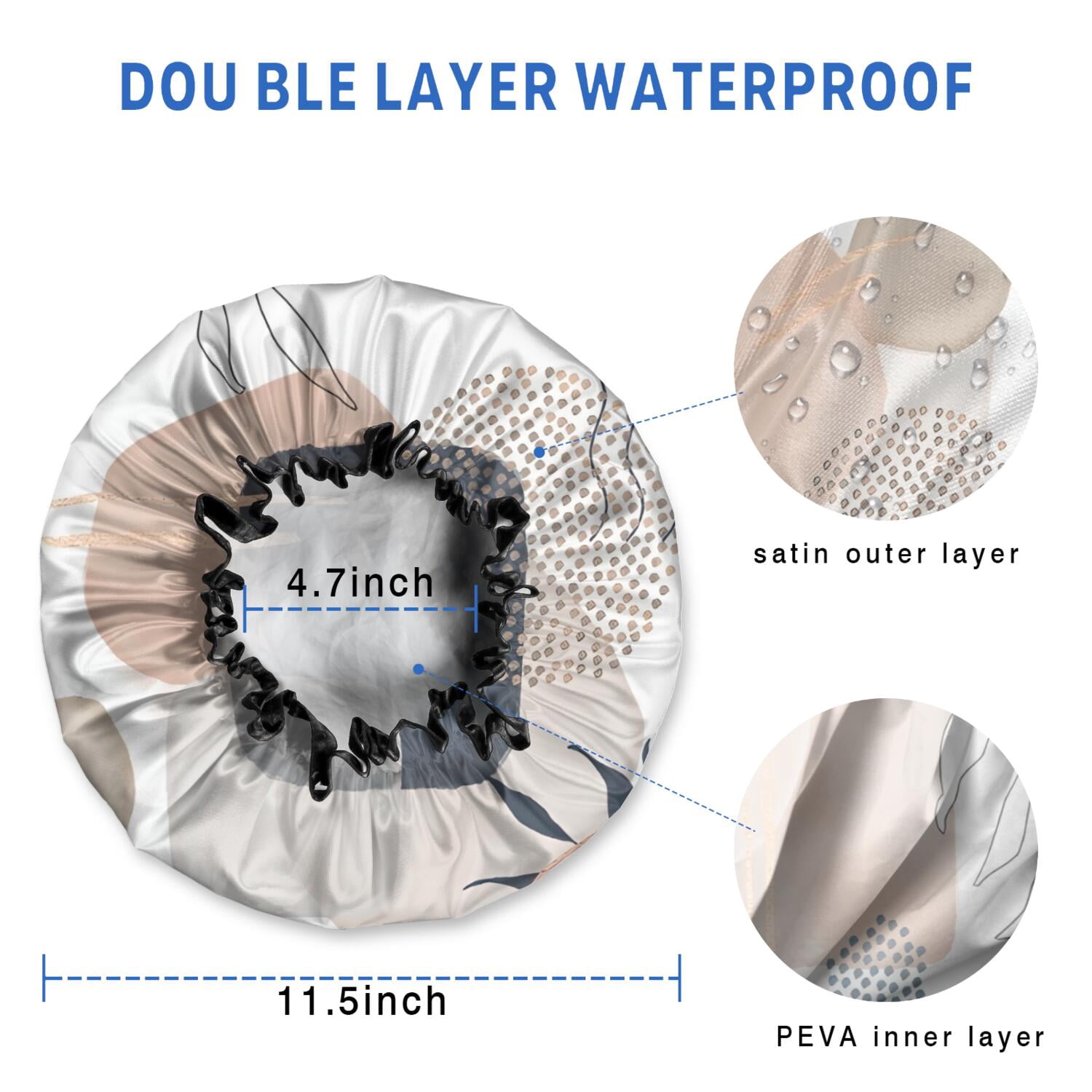 Shower Caps,Blue Boho Abstract and Plant Pattern Waterproof Shower Cap for Women 4 Pieces,Double Reusable Hair Cover for Shower PEVA Elastic Stretch Hem