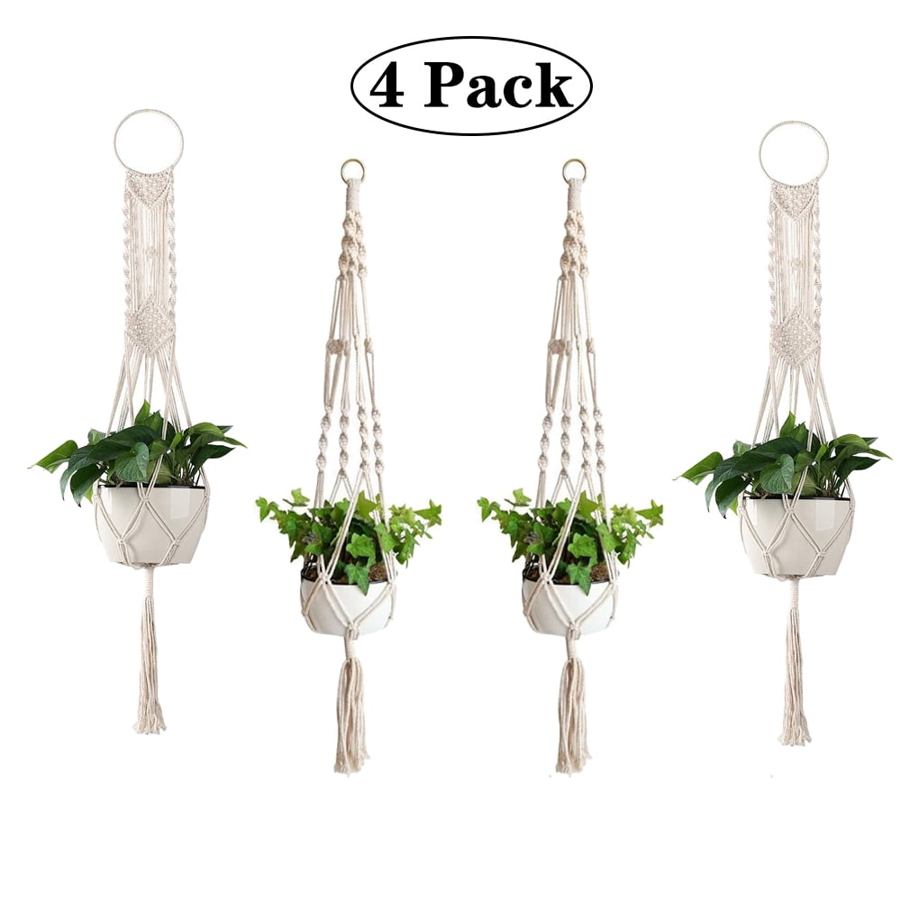 3 Pack Macrame Plant Hanger UOIENRT Hanging Planter Holder with Wood Beads for Indoor Outdoor Boho Home Decor Handmade Cotton Rope Hanging Planters Set,White 