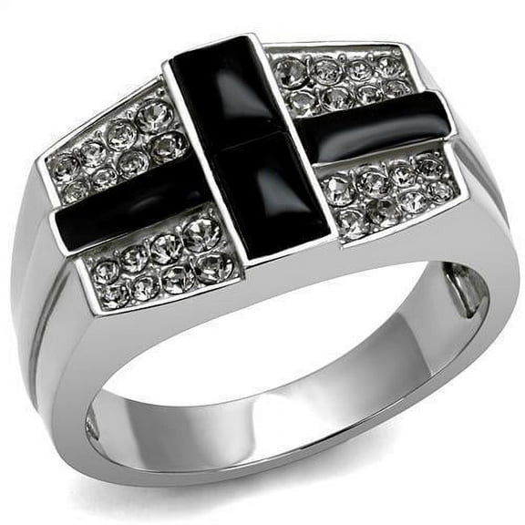 Mens Cross Rings Black Onyx Stainless Steel Ring with Top Grade Crystal in Clear