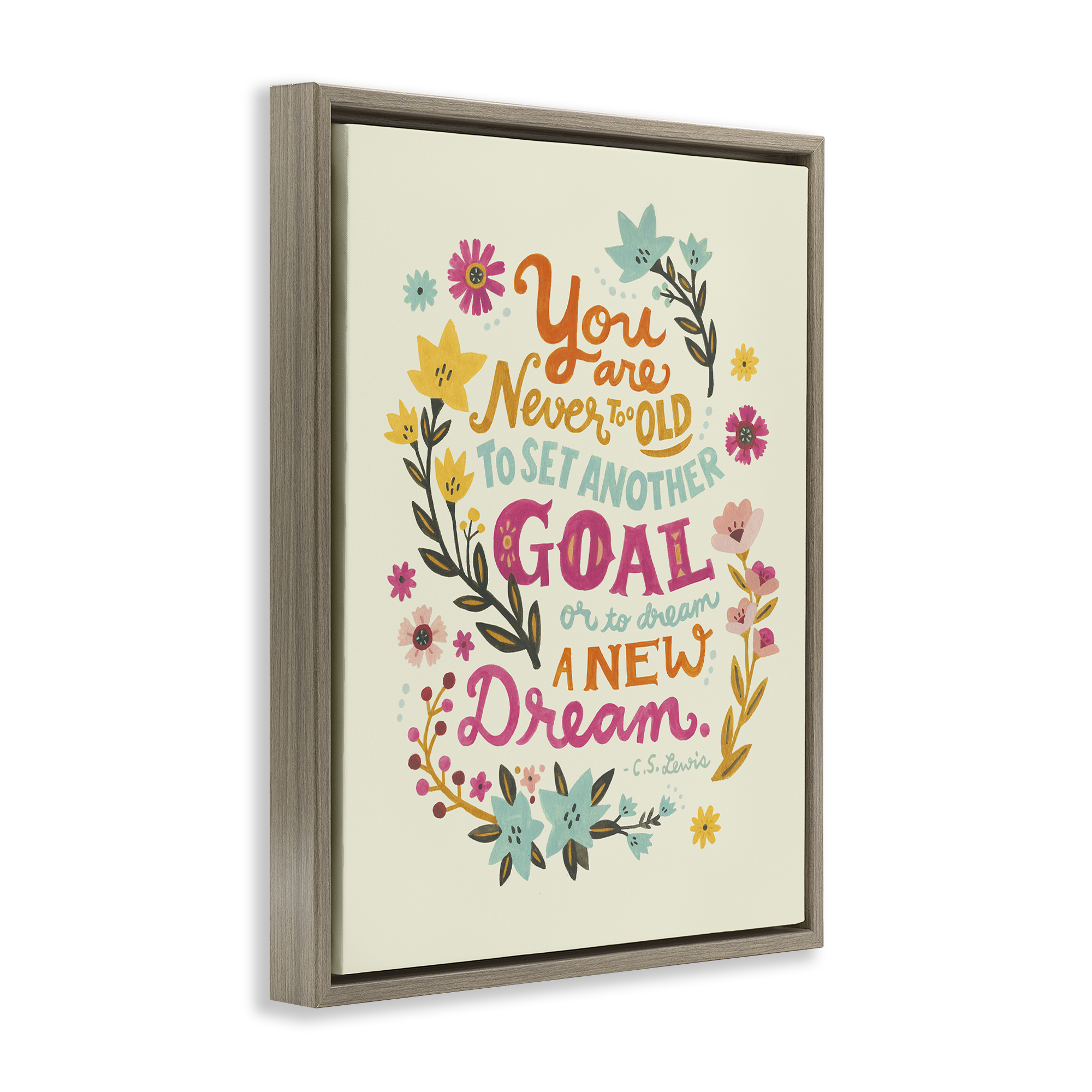 Stupell Industries Never Too Old Inspiring Quote Plants & Flowers Painting Brown Floater Framed Canvas Art Print Wall Art, 25 x 31