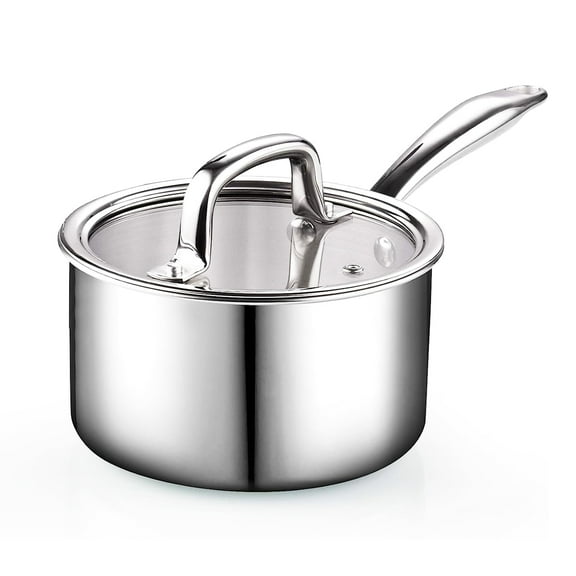 Cook N Home Stainless Steel Saucepan 3 Quart, Tri-Ply Full Clad Sauce Pan with Glass Lid, Silver