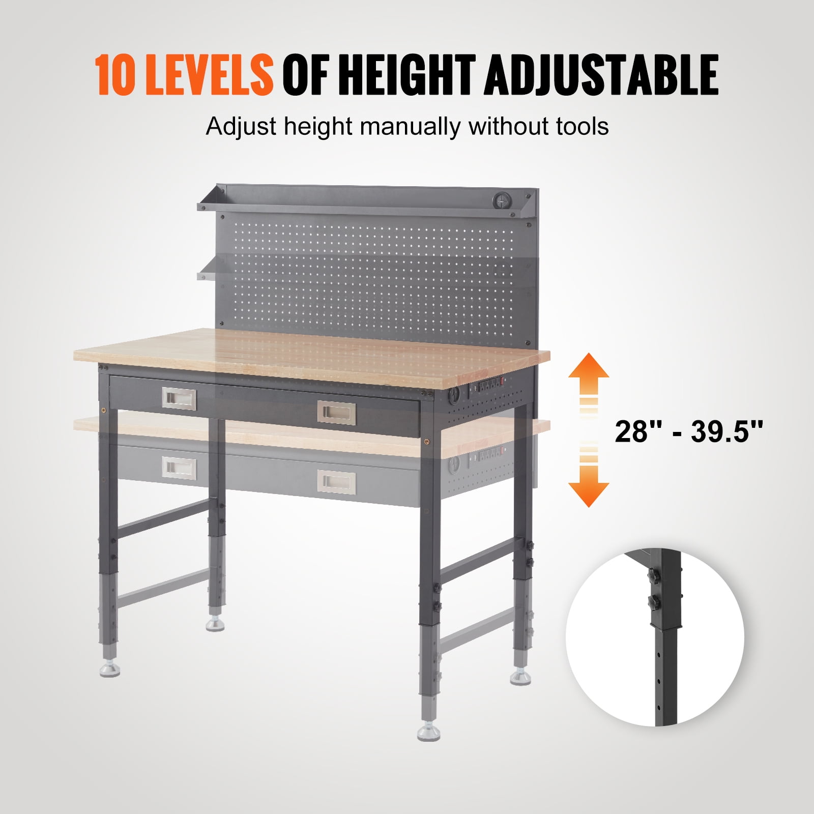 KFFKFF 48x24" Multifunctional Solid Wood Workbench with Pegboard Power Outlets