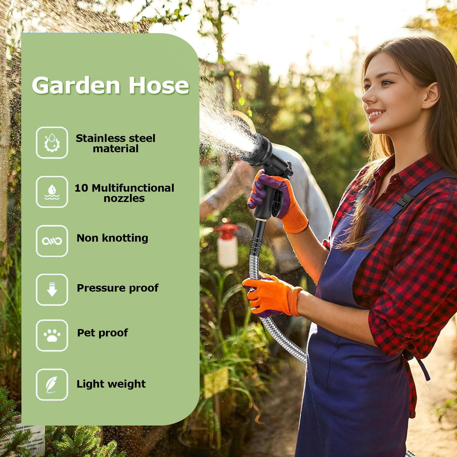 Kisportee Garden Hose 50ft, Heavy Duty Stainless Steel Water Hose with 10 Functional Nozzles, No Kink, Lightweight & Flexible, Easy to Use & Store, Strong and Sturdy, Suitable for Yard, Lawn
