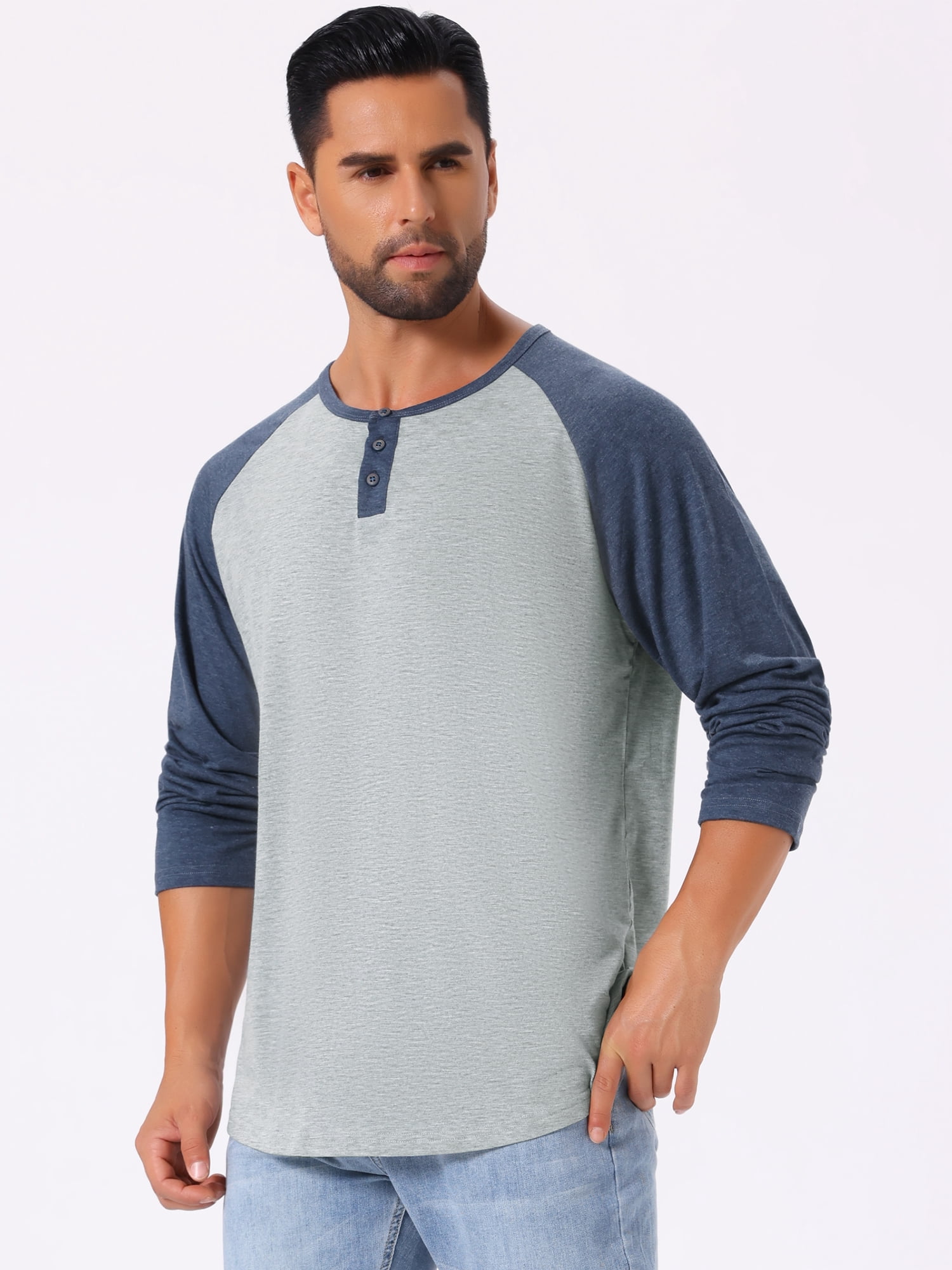 DARING DIVA Men's Raglan Long Sleeve Tee Shirt Baseball Henley T-Shirts 2XL Gray Navy