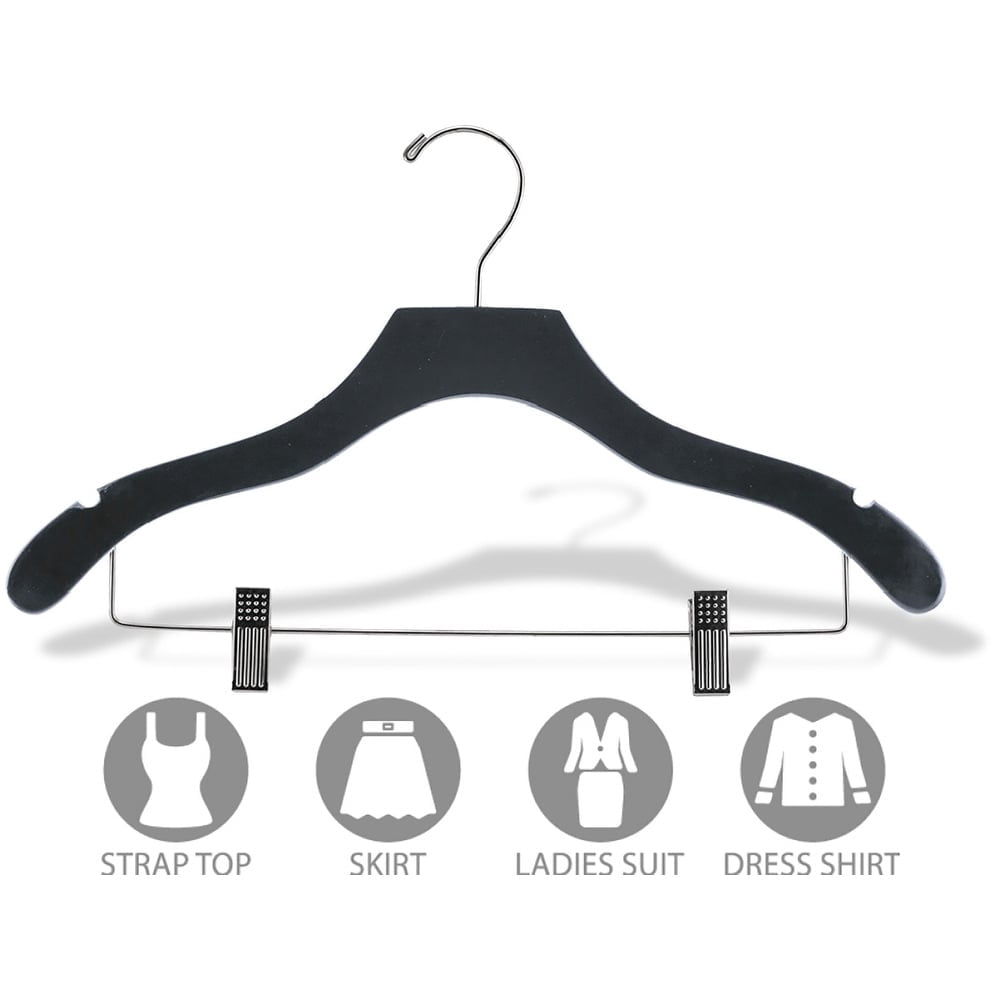 International Hanger Wooden Wavy Combo Hanger, Black Finish with Chrome Hardware, Box of 50