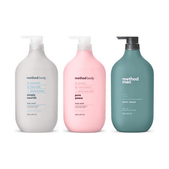 Method 3 Scent Body Wash Pack, 1 Simply Nourish, 1 Pure Peace, 1 Sea   Surf, 28 oz each (Variety Pack)