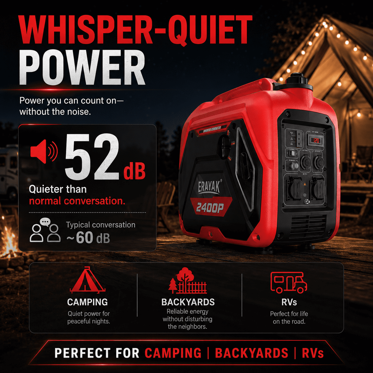 ERAYAK 2400W Portable Inverter Generator, Super Quiet Gas Powered Generator for Camping