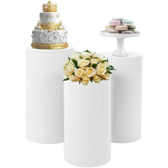 3Pcs Cylinder Pedestal Stand, Metal Round Cylinder Stands for Party Decor 19.7   21.7   23.6 Inch Tall Cylinder Stand Pedestal Display for Birthday Wedding Party, White