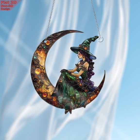 Witch on Crescent Moon Acrylic Window Hanging, Stained Glass Style, Halloween Home and Office Decoration, Eco-Friendly, Vintage Art Piece for All Spaces
