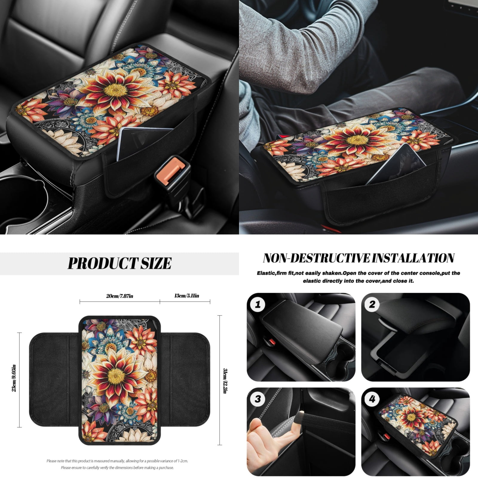 Yuyamidu Colorful Dahlia Car Seat Covers with Auto Streering Wheel Cover Center Console Pad Cover Seat Belt Cover Shift Knob Cover Handbrake Cover Coasters for Most Van SUV Sedan Auto Accessories