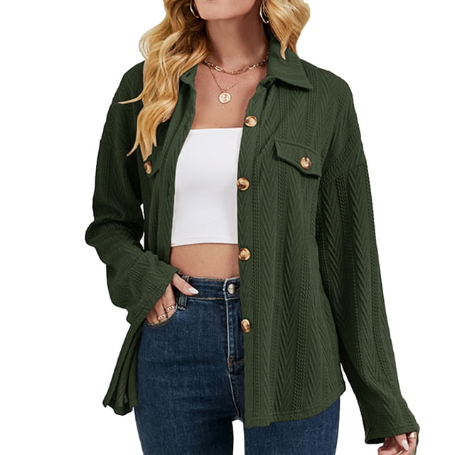 Chaqueta tipo camisa para mujer, cuello vuelto, botonadura única con bolsillos falsos, chaqueta extragrande, camisa OD verde M
