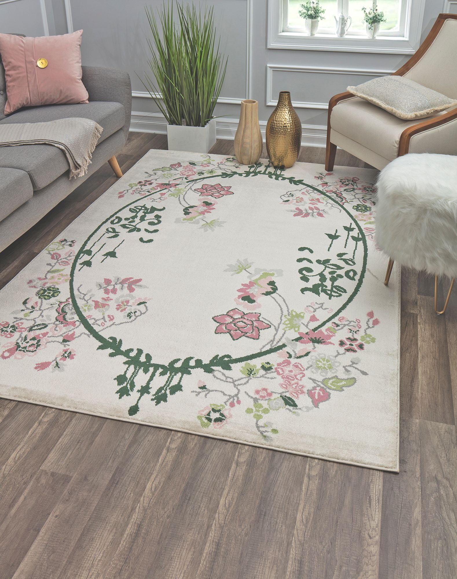 Rugs America Hanna VA20A Cream Magnolia Floral Transitional Beige Area Rug, 8'x10'