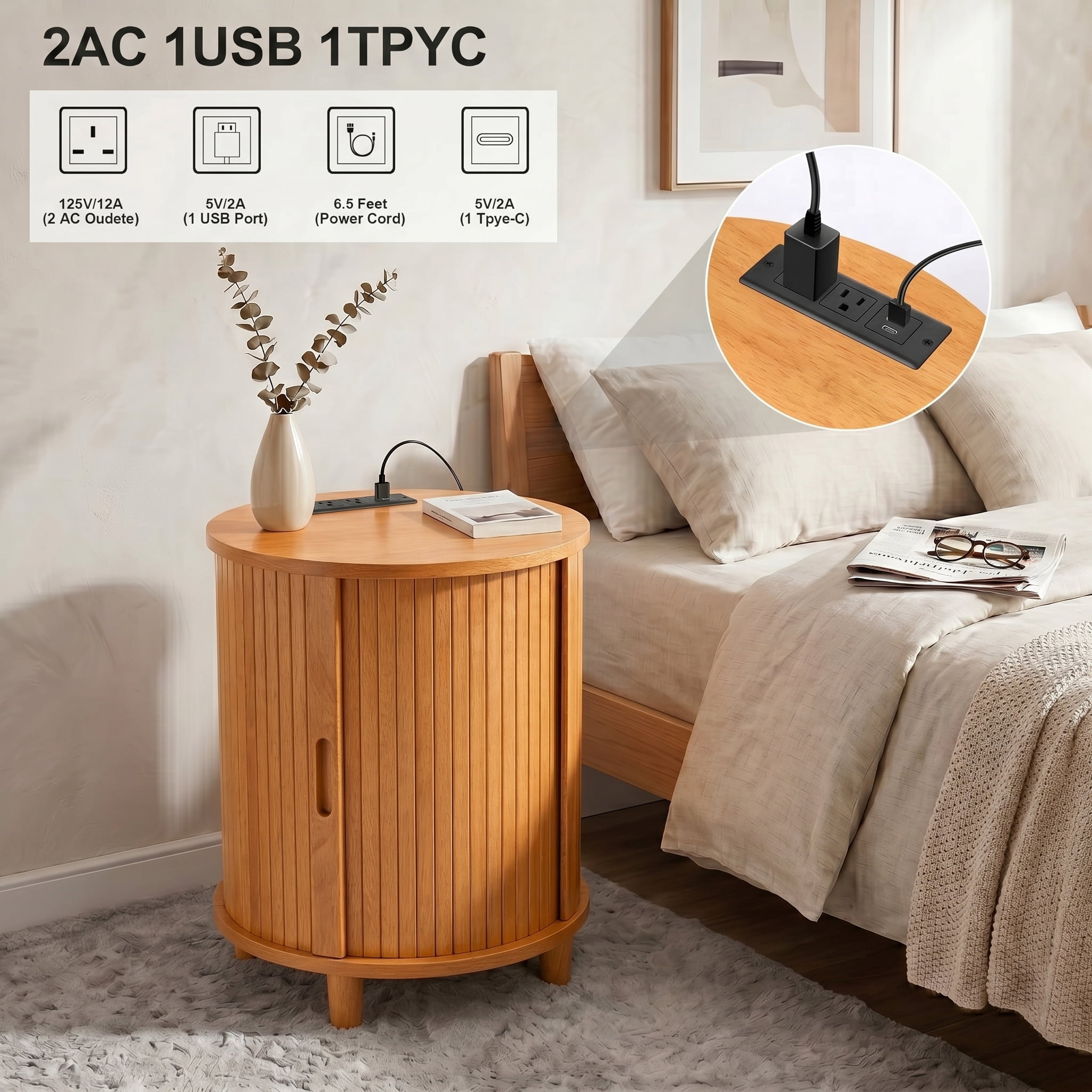 AISWORD Round End Table with Charging Station, Fluted Accent Side Table with Sliding Door and Adjustable Shelf, Nightstand for Small Space, Yellow