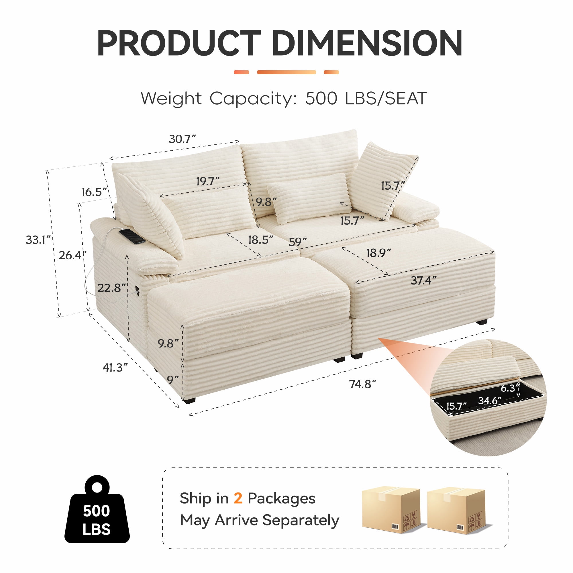 Corduroy Upholstered Sofa for Living Room,Modern Deep Seat Comfy Loveseat Couch with 2 Ottomans,Beige