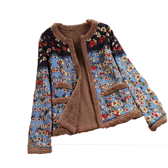 Uaswgudfs Women's Floral Print Fleece Cardigan, Lapel Button-Front Long Sleeve Casual Jacket with Pockets - Trendy Outerwear L