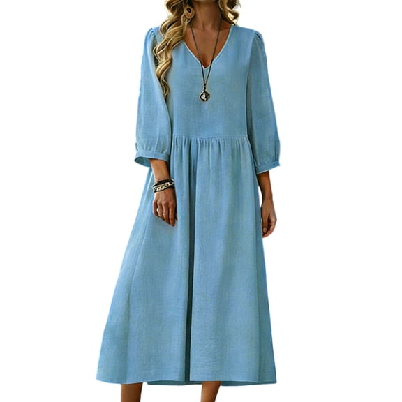 YUGYXL Gauze Beach Dress for Women 3/4 Puff Sleeve Smocked Waist Linen Maxi Dresses Trendy V Neck Long Beach Sundress Blue M