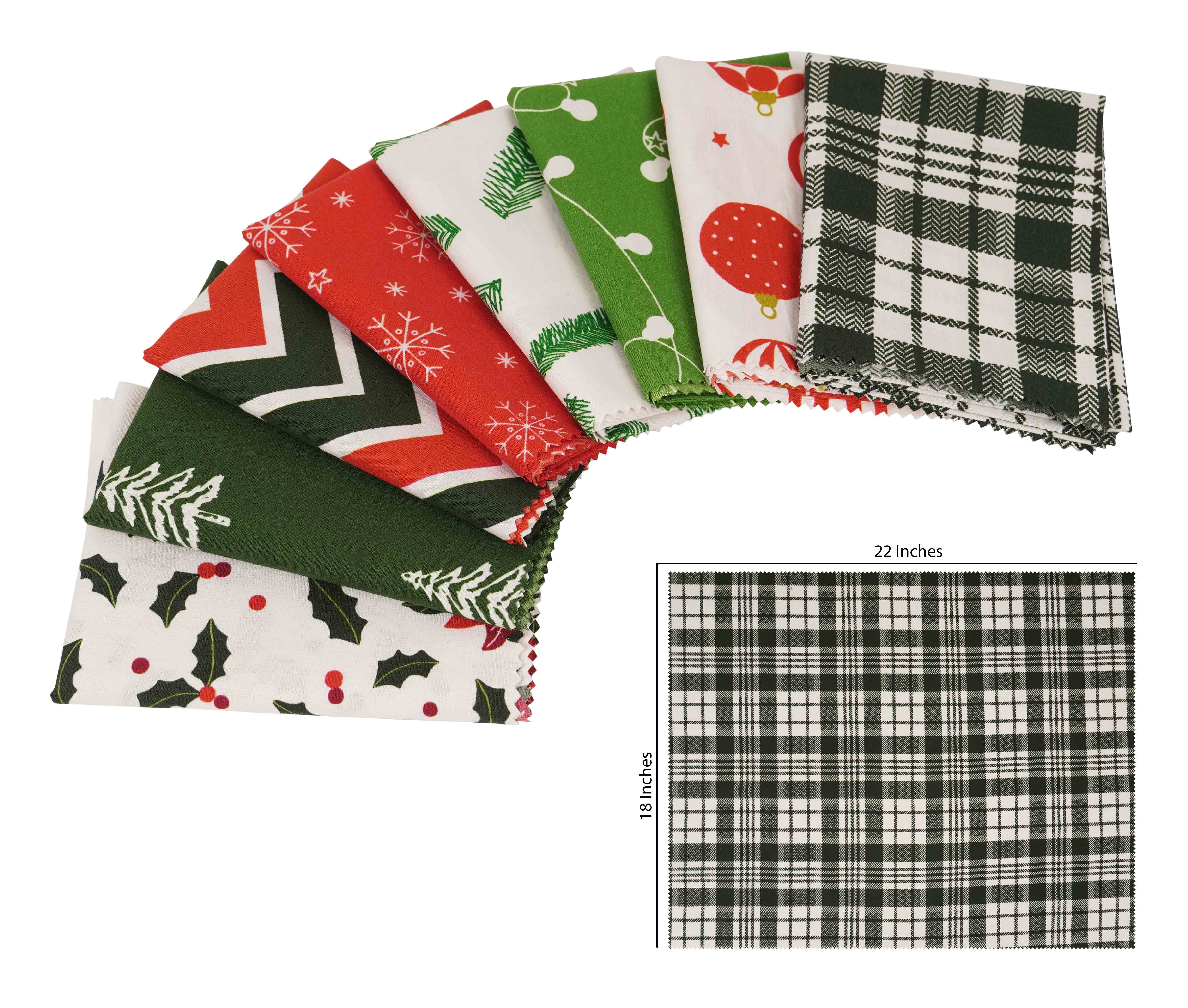 Soimoi 8 Pc Fat Quarter Bundle,ChristmasPrint 18"x 22"DIY Patchwork-100% CottonPre-Cut Quilting Fabric Red, White & Green