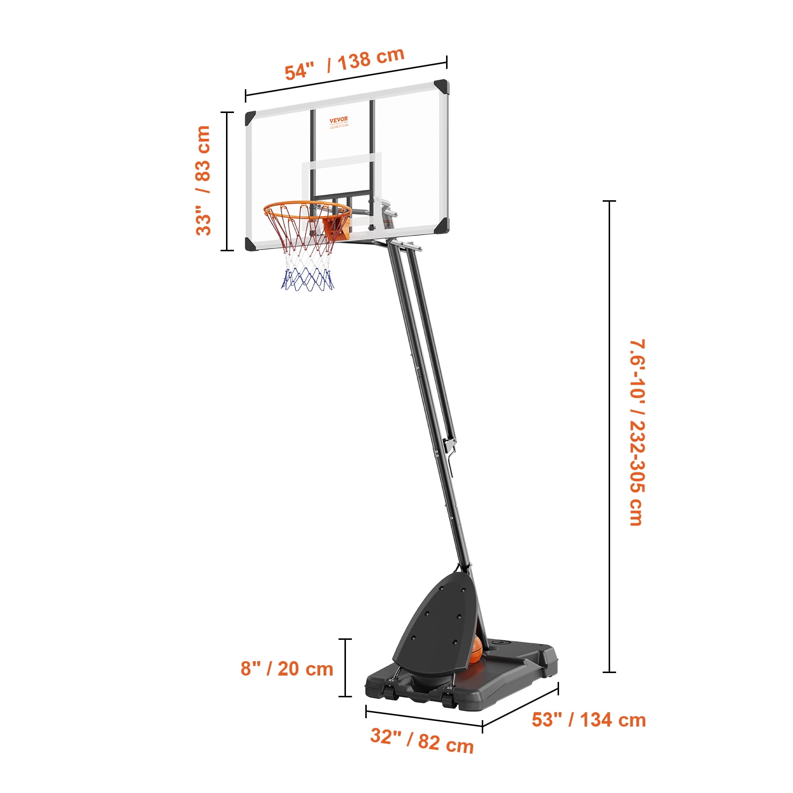 KFFKFF Portable Basketball Goal, 7.6-10 ft Adjustable Height Basketball Hoop, Kids Adults Basketball System w/ 2 Wheels, Indoor Outdoor Basketball Hoop with 54" PC shatterproof Backboard