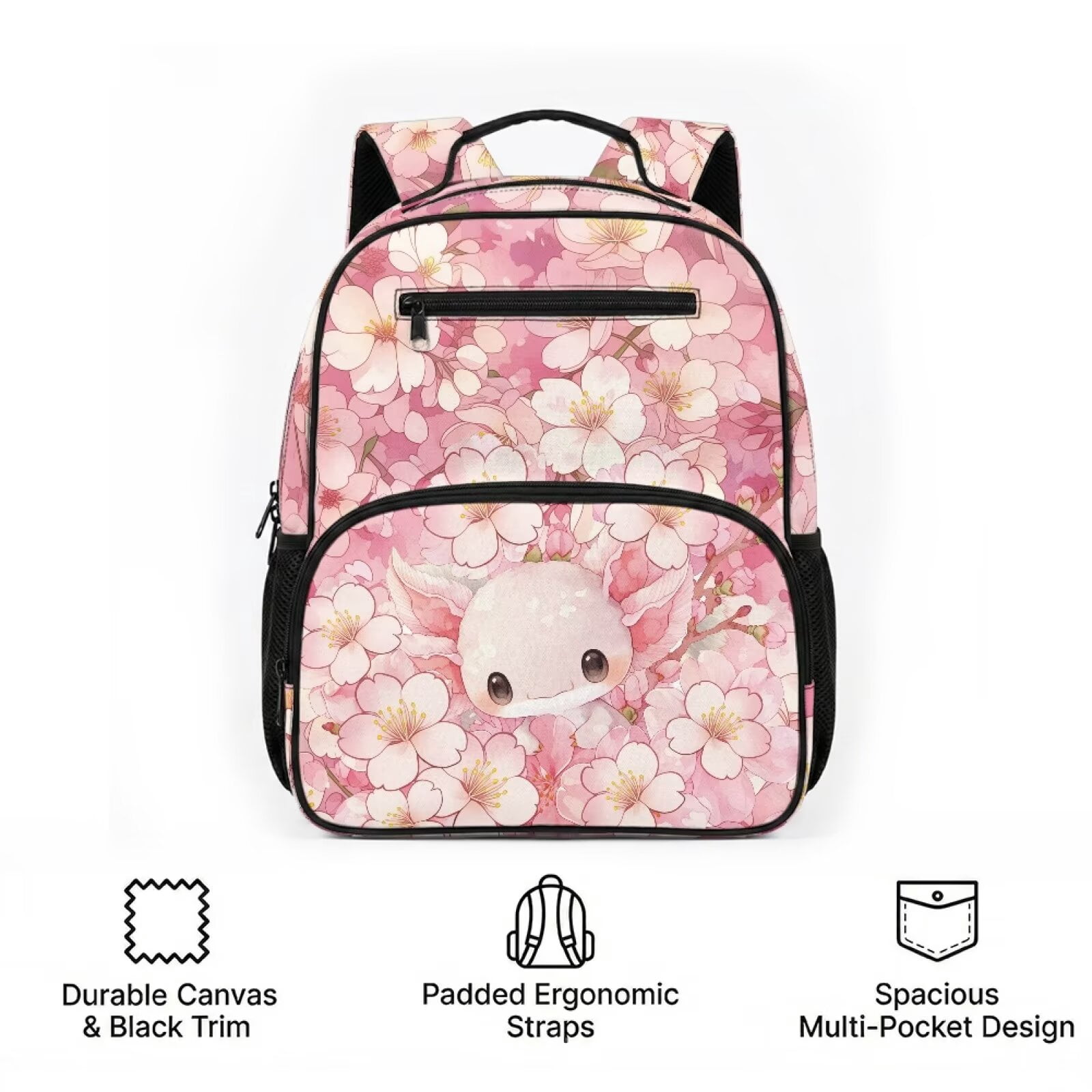 Pzuqiu Pink Cherry Blossom Axolotl 13.5 Inch Toddler Backpack for Kids Preschool Water Resistant Breathable School Bag with Multi Pockets Lightweight Daypack for Kindergarten