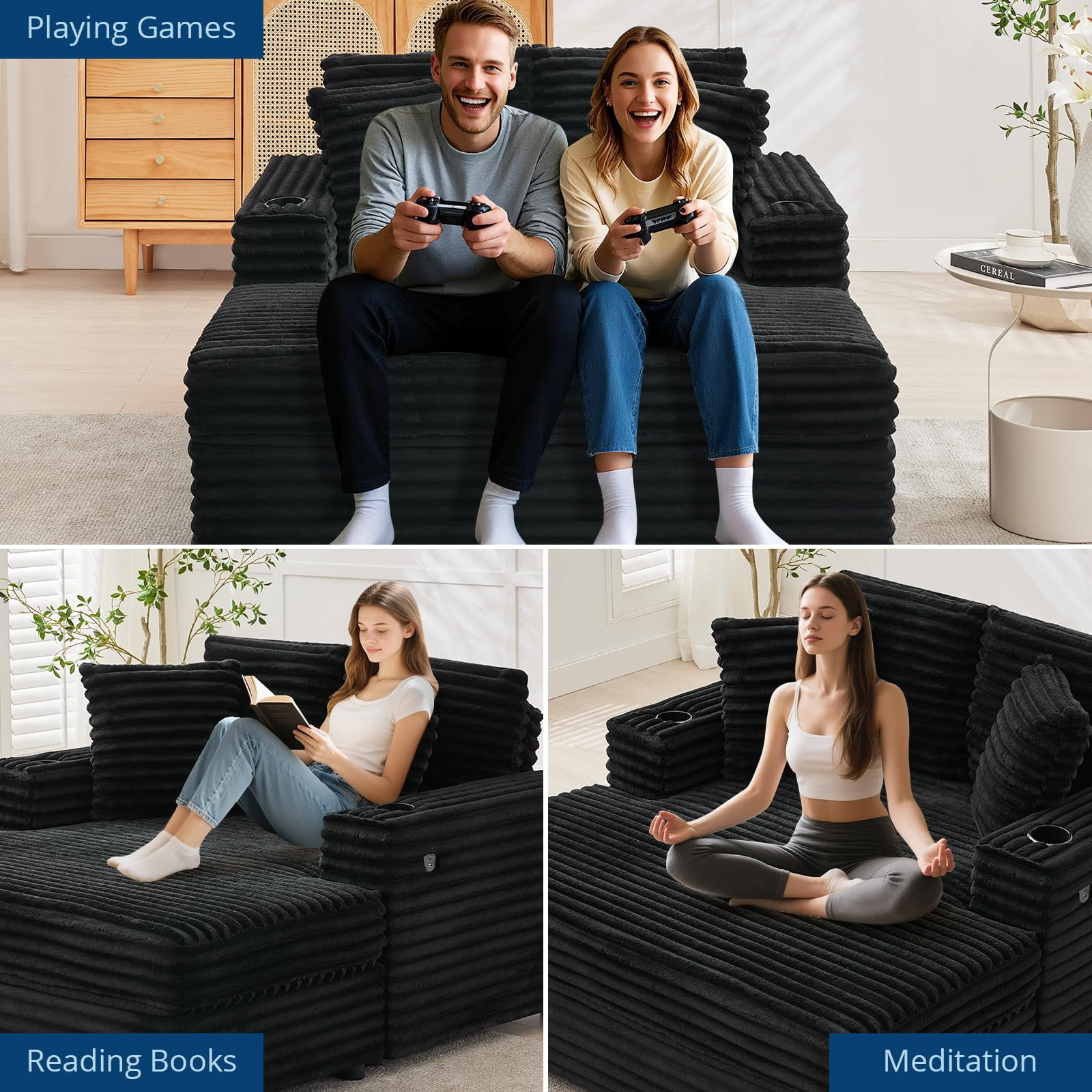Oversized Corduroy Chaise Lounge Chair with Cup Holder & USB Charging Port, 54" Wide Plush Sofa with High-Density Foam & Supportive Springs for Living Room