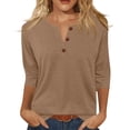 thumbnail image 2 of Qwertyu Womens Tops 3/4 Length Sleeve V Neck Loose Casual Button T Shirts Summer Basic Tees Light Brown 4XL, 2 of 5