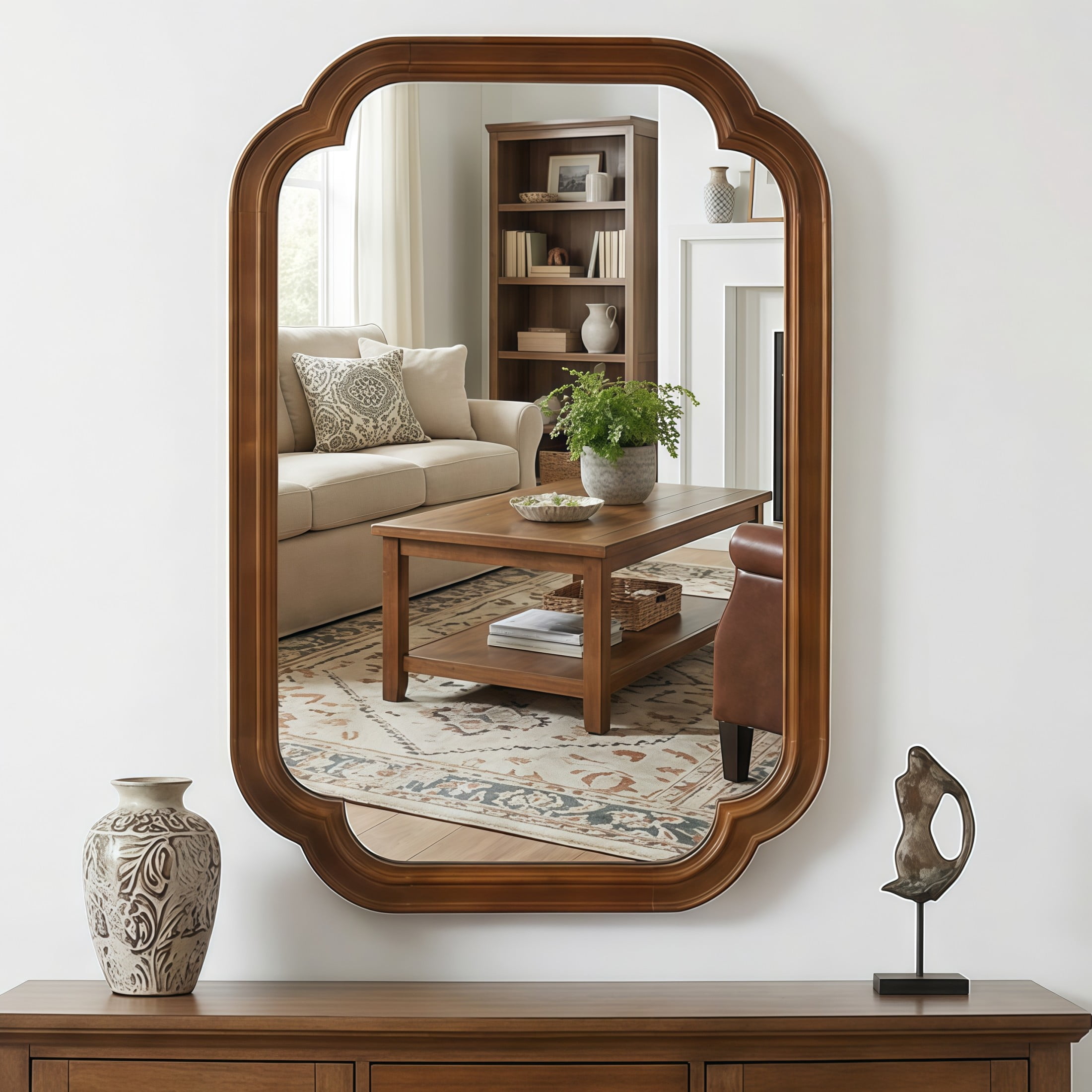 Noble House 20"x30" Rounded Corner Solid Wood Wall Mirror, Decorative Bathroom Rectangle Accent Mirror, Walnut