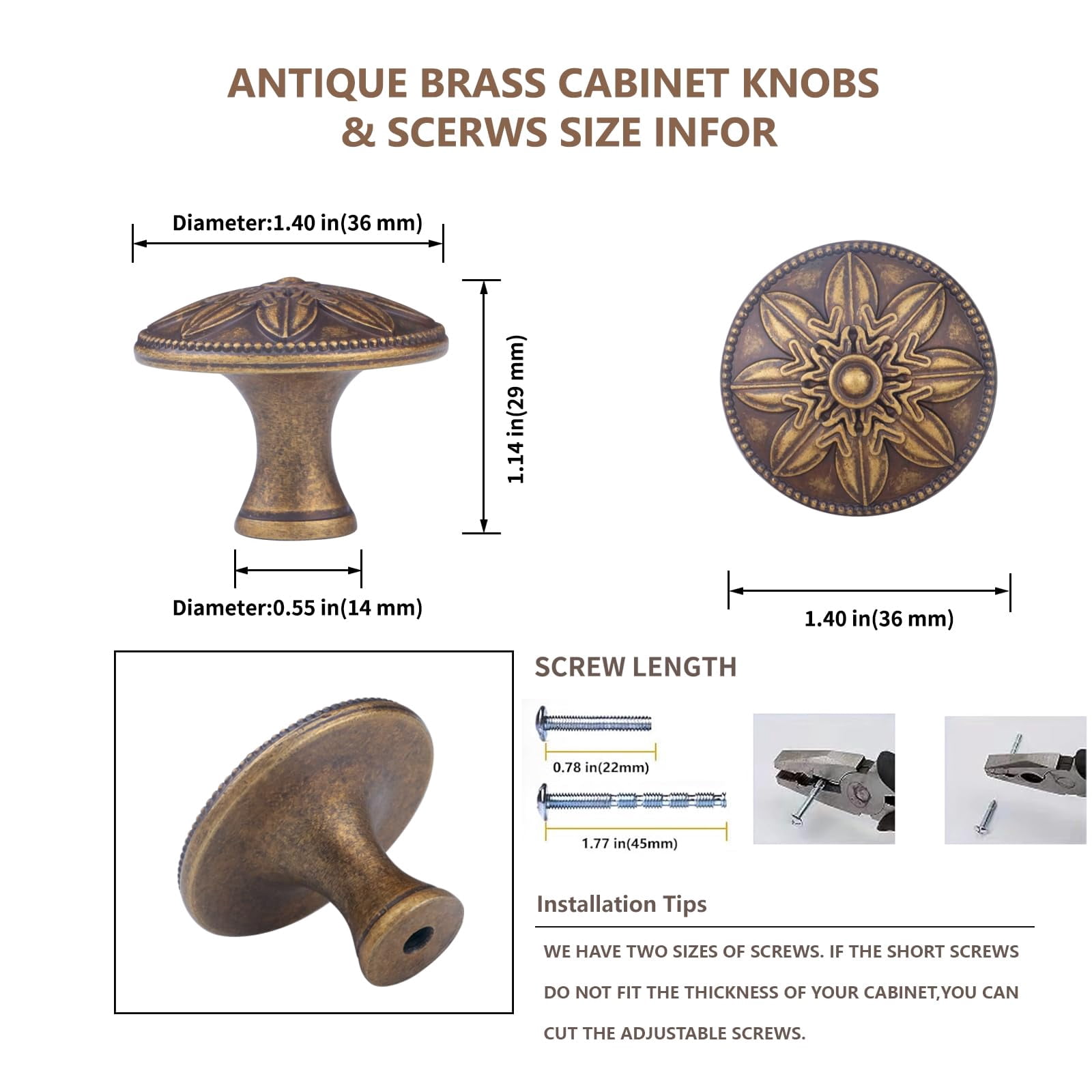 4 Pack Antique Brass Cabinet Knobs Vintage Dresser Knobs Drawer Knobs,1.4" Round Vintage Kitchen Cabinet Knobs Handles for Cabinets and Dresser Drawers Rustic