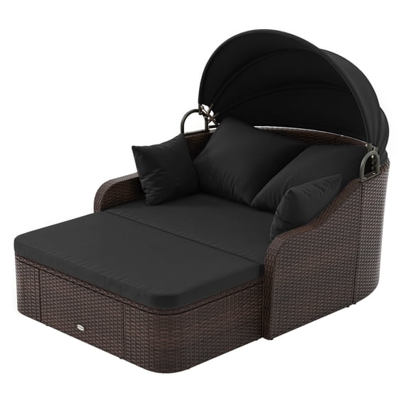 Costway Patio PE Rattan Daybed with Retractable Canopy, Soft Cushions and Extra Pillows Mix Brown & Black