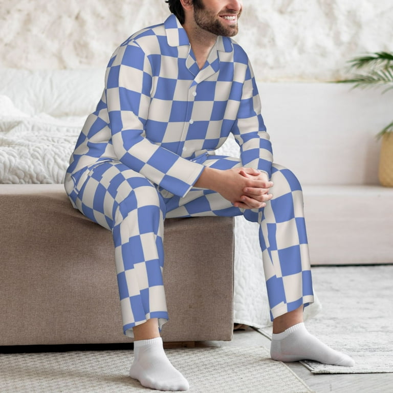 Mens Pajamas Set Sky Blue White Plaid Soft Comfy Long Sleeve Button Up Pajama Sets for Men 2 Piece Sleepwear Nightwear Pjs Lounge Sets for Men with Pockets Walmart