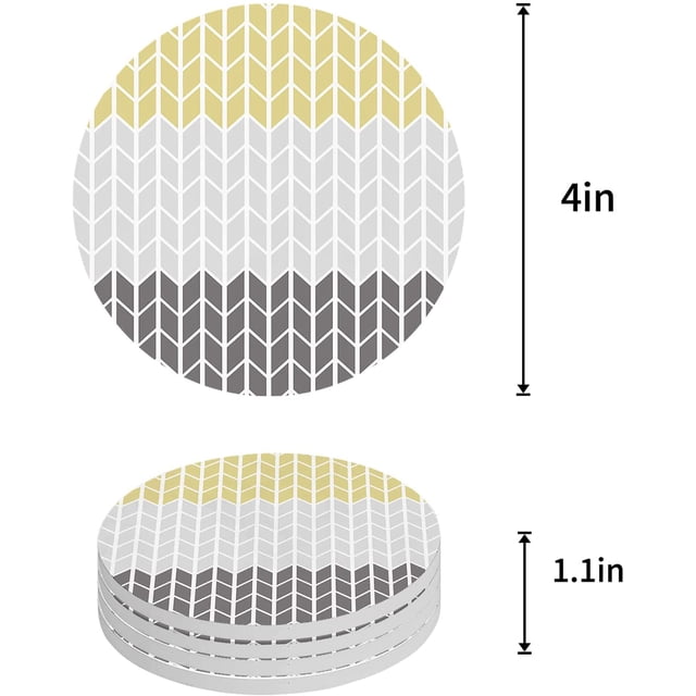 RYLABLUE Geometric Yellow and Grey Abstract Herringbone Set of 6 Round Coaster for Drinks, Absorbent Ceramic Stone Coasters Cup Mat with Cork Base for Home Kitchen Room Coffee Table Bar Decor