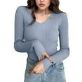 thumbnail image 6 of HAPIMO Women's Stretch Knit Tops Slim Fit Cropped Shirts Lightweight Casual Workout Blouses Long Sleeve V Neck Pullover Tops Blue Free Size, 6 of 7