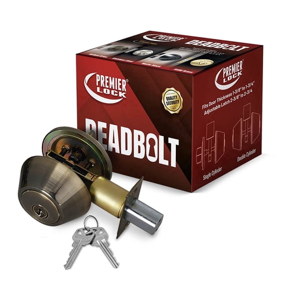 Premier Lock Deadbolt Lock, Antique Brass, Keyed Alike, 2 KW1 Keys