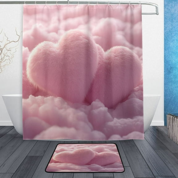 Bath Curtain & Non-Slip Bath Mat Set 12-Grommet Shower Curtain Memory Foam Bath Rug Fluffy Pink Heart-shaped