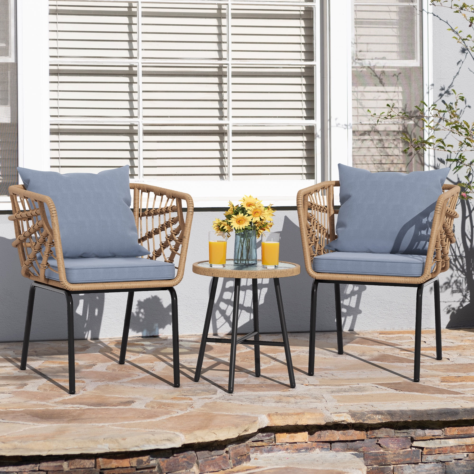 Dextrus 3-Piece Outdoor Patio Furniture Wicker Bistro Set, With 2 Chairs and Coffee Table,Cushions and Lumbar Pillows-Gray