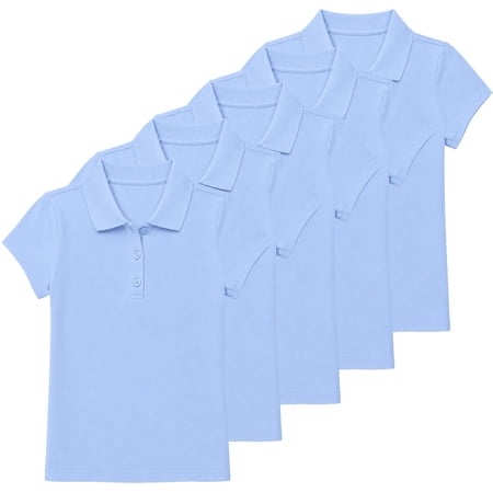 5-Pack Girl's 3-Button Short Sleeve Stretch Pique Polo Shirts School Uniform (4-20)