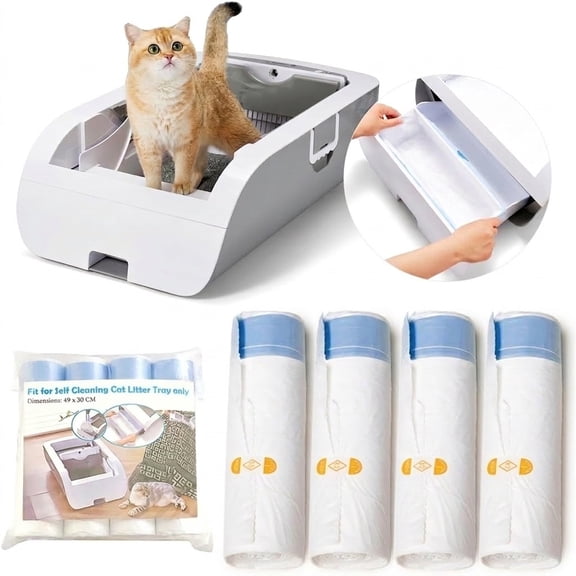 60 Pack Self Cleaning Cat Litter Box Waste Bags, 4 Rolls, Cat Litter bags for All Automatic Cat Litter Box, 19.3" x 11.8", Blue White