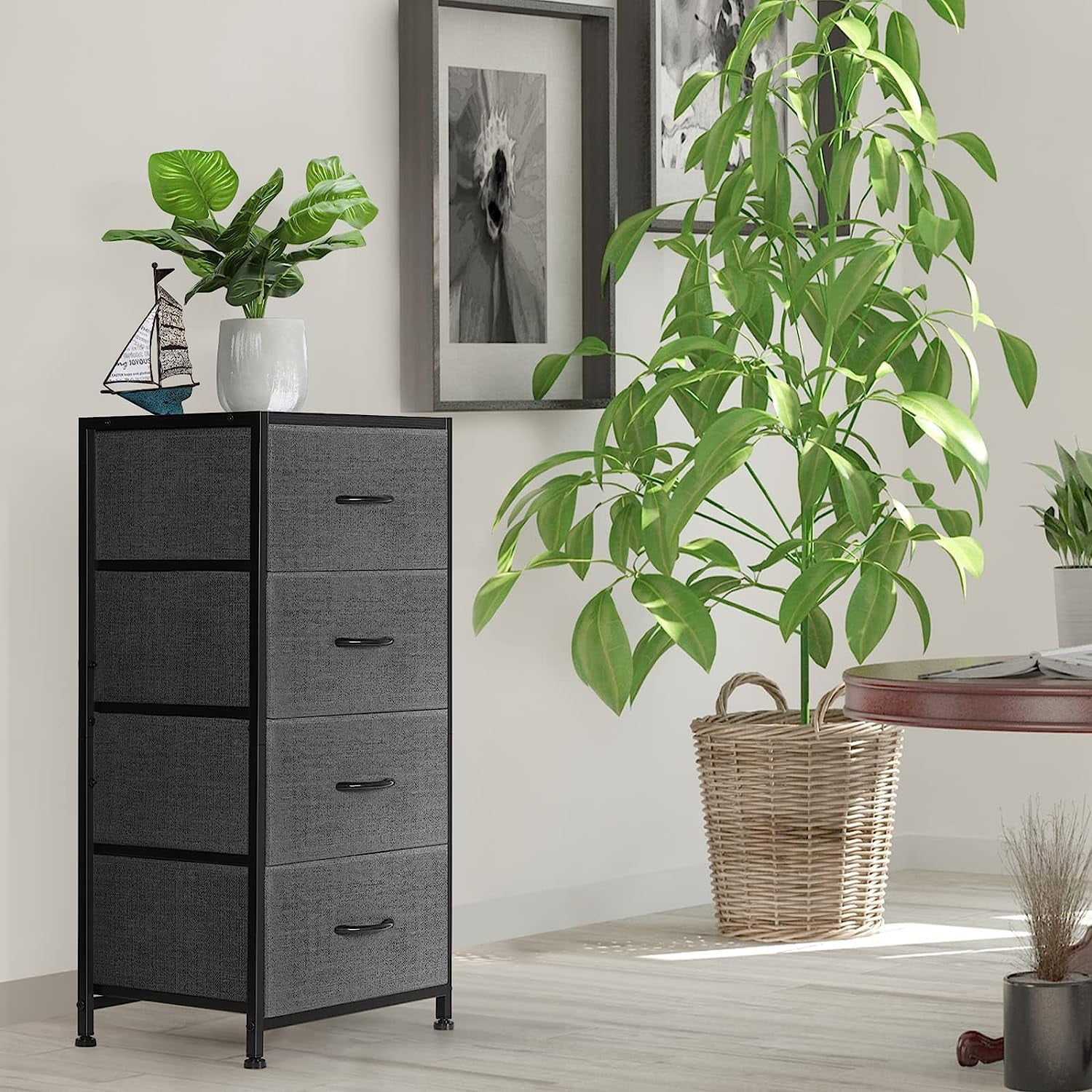 Dresser with 4 Drawers Chest Organizer with Foldable Fabric Bin, Wood Top and Steel Frame, Gray