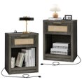 thumbnail image 2 of OAKHAM Rattan Nightstand Set of 2 with Charging Station, Bedside Table with Type-C/USB Port, Boho Side Tables End Table for Living Room, Bedroom, Midnight Oak, 2 of 7