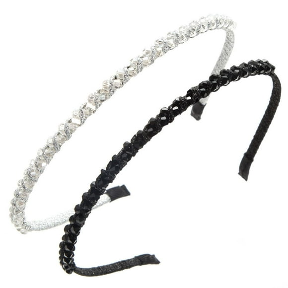 Hair Bands for Women 2 Pieces Braided Rhinestone Beaded Headband Fashion Crystal Hairband Bridal Wedding Head Band Hair Accessories for Girls (Black+Sliver) - 19621