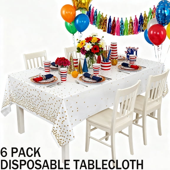 Plastic Table Cloth Disposable 6 Pack, 54 x 108 Inch, White, Black Dot, for Party Picnic Wedding