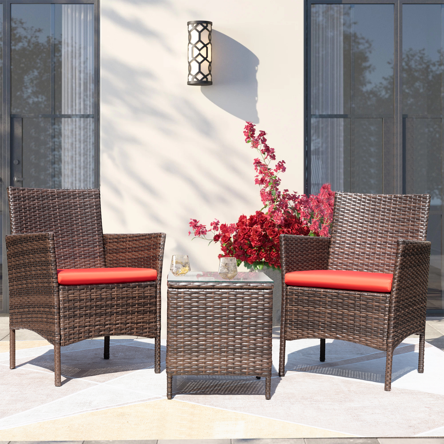 Devoko 3 Pieces Patio Conversation Set Outdoor Furniture Brown/Red fabric Steel - image 1 of 7