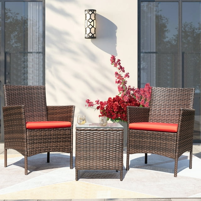 Devoko 3 Pieces Patio Conversation Set Outdoor Furniture Brown/Red fabric Steel