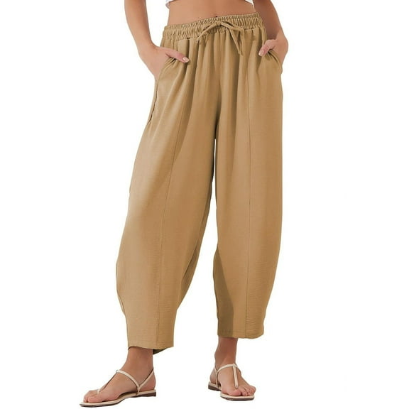 Loose Casual Straight Cotton and Linen Cropped Pants Khaki L