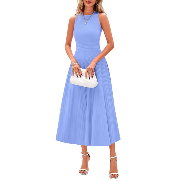 Vestido PRETTYGARDEN sin mangas plisado midi línea A azul celeste XL