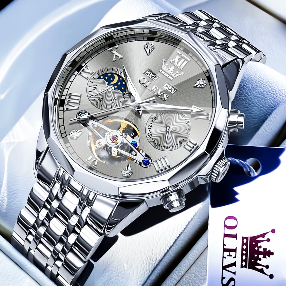 OLEVS Automatic Watches for Men Self Winding Mechanical Skeleton Luxury Dress Chronograph Gold Plated Stainless Steel Calendar Moon Phase Waterproof Luminous Mens Wrist Watches Reloj Para Hombre