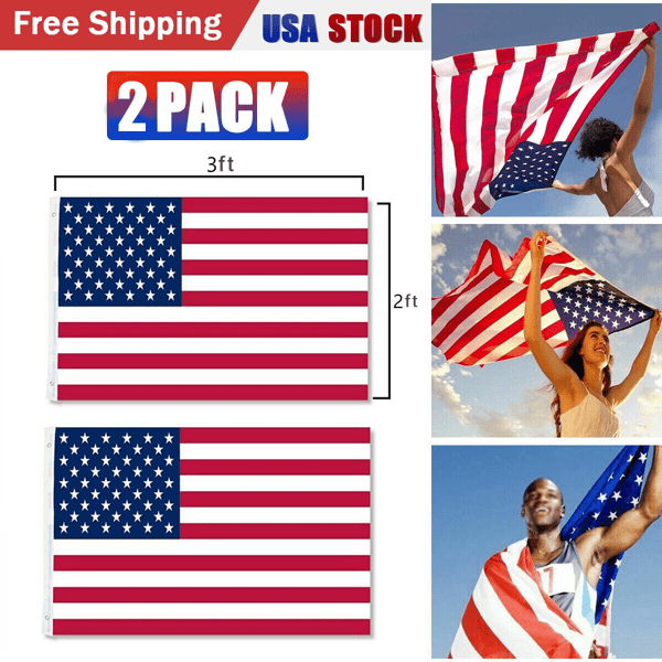imerelez American Flag 2X3FT Long Lasting 420D Heavy Duty US Flags for High Wind TearProof Polyester USA Flag，2 PACKS
