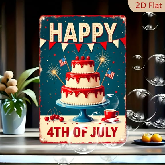 1pc Patriotic 4th Of July Metal Wall Art - Vintage Americana Decor With Happy 4th Of July Text, Stars Stripes, Cake Fireworks Design - Waterproof 8x12 Inch Metal Sign For Indoor/Outdoor Home, Garden