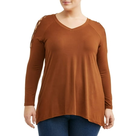 Pearl V-neck - Women's Plus Size Hi-Low Pearl Sleeve V-Neck Top