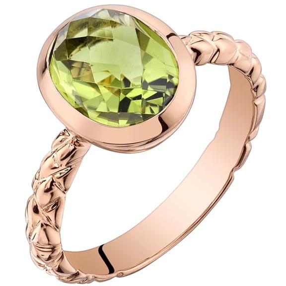 PEORA Peridot Solitaire Ring for Women 14K Rose Gold, Genuine Gemstone, 2.50 Carats Oval Shape 9x7mm, Comfort Fit, Size 9